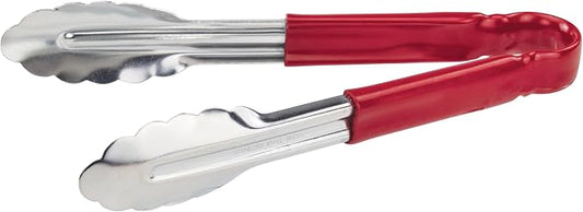 Winco 9" Stainless Steel Serving Tongs with Plastic Handle, Red