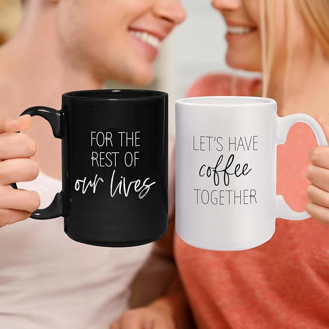 Let's Have Coffee Together For The Rest Of Our Lives Matching Mugs / 2 Jumbo 15 Ounce White And Black Ceramic Mugs / Couples Coffee Cup Present Set / One Black Mug One White Mug Relationship Cup Pair