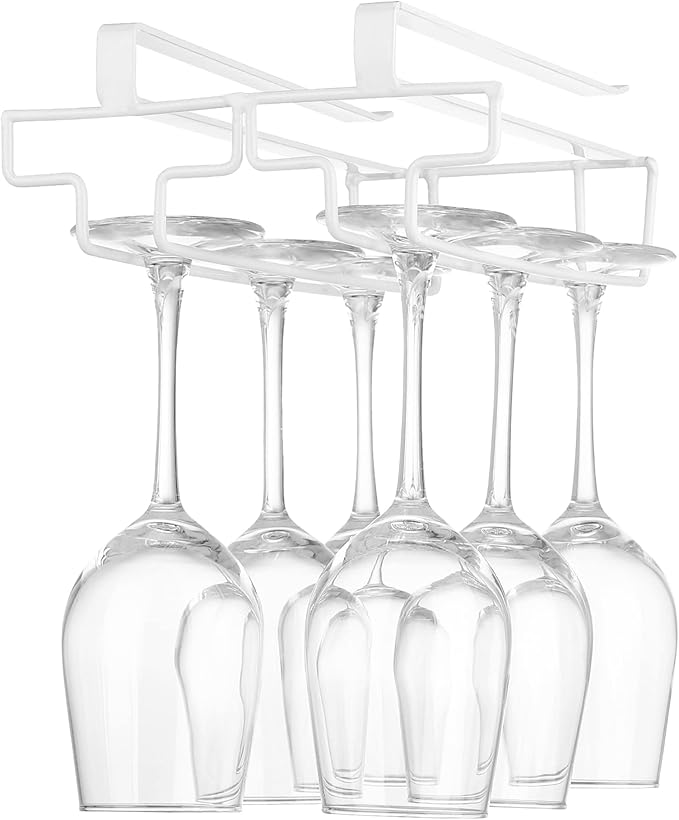 Wine Glass Rack Under Cabinet Drilling Free No Screw Steamware Holder Under Shelf Metal Wine Glasses Holders 304 Stainless Steel Hanger Storage Organizer Hanging Glass Fit for Bar Kitchen 2 Rows White
