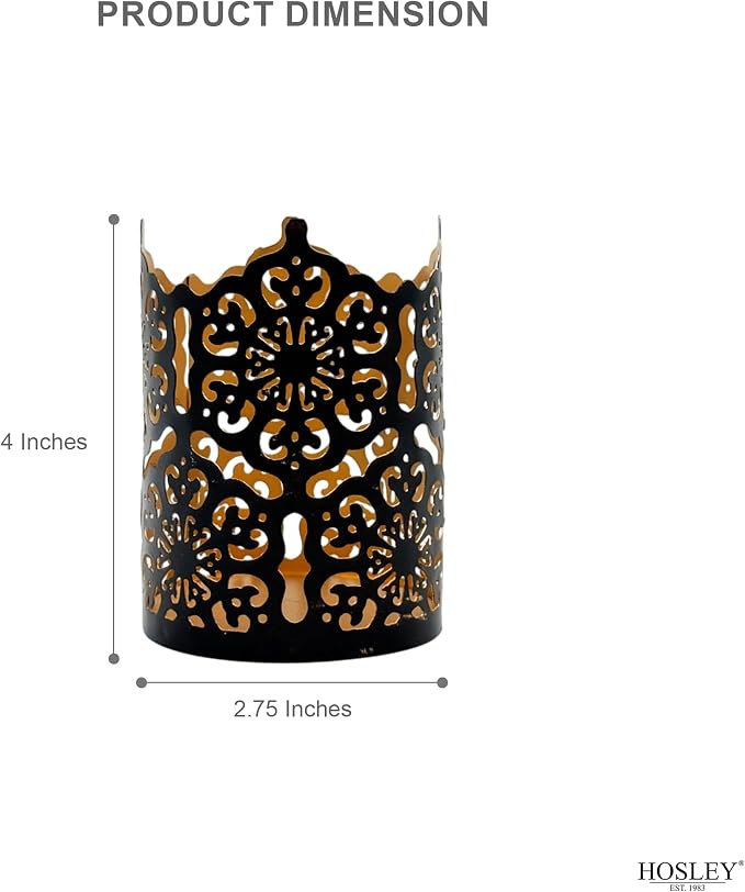 Hosley Set of 3 Black Finish Metal Candle Holders 4 Inch High Lattice Cut Lanterns for Coordinated Elegance and Enchanting Illumination Elevate Your Decor