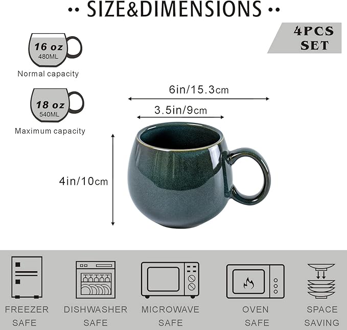 UNICASA Coffee Mugs Set, 18oz Ceramic Jumbo Mugs Set of 4, Porcelain Cereal, Soup Cups with Handles for Coffee, Tea, Milk, Latte and Cocoa, Microwave Safe - Reactive Olive…