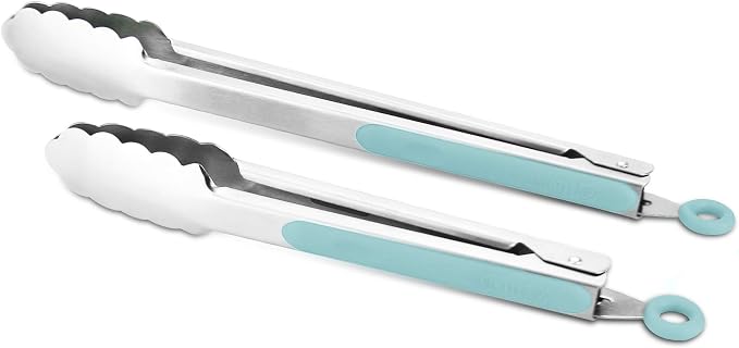 Premium 304 Stainless Steel Tongs Set – 12" Grill Tongs & 9" Cooking Tongs, Heat Resistant up to 600°F, Wavy Grip Head, Non‑Slip Handle with Locking Clip & Hanging Loop, Dishwasher Safe, Aqua Sky