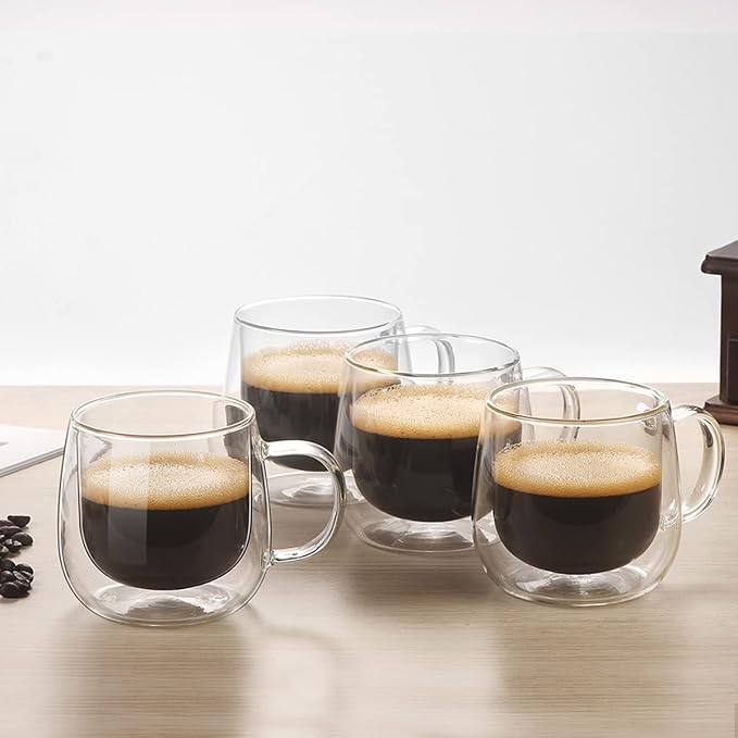 Double Wall Glass Coffee Mugs 10oz Set of 4 Insulated Clear Tea Cups with Handle, Perfect for Espresso, Latte and Cappuccinos