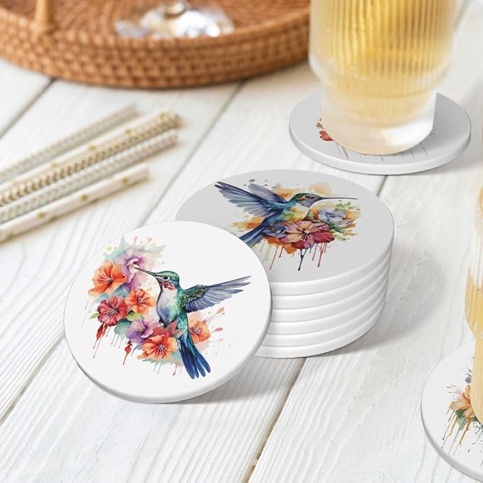 Drink Coasters for Drinks Set of 6, Watercolor Hummingbird Absorbent Round Ceramic Stone Mat, with Cork Base and Metal Holder, Home Bar Decor House Warming Gift