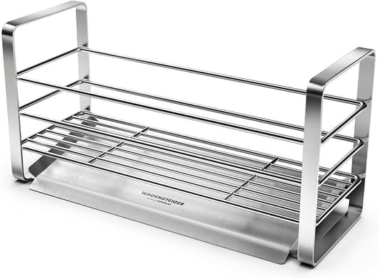 WAGENSTEIGER Stainless Steel Over Sink Organizer Rack, Sponge Holder, Soap Dispenser, Fast Drainage Kitchen Caddy with Removable Drainer Tray, Washbasin Caddy, Sink Drying Rack with Sloped Design