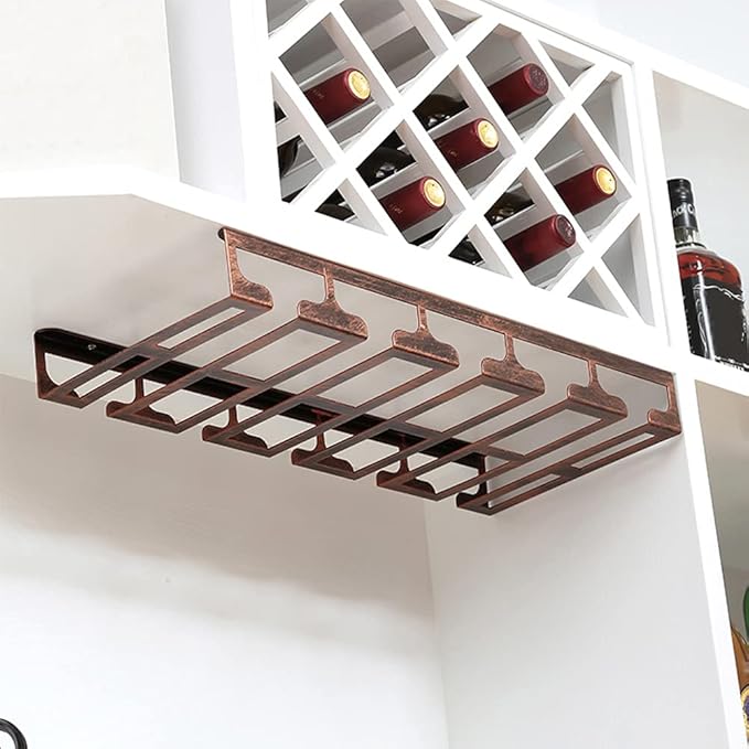 Under Cabinet Stemware, Hanging Wine Glass Holder with Screws, Glasses Storage Hanger Iron Organizer for Home Kitchen Bar