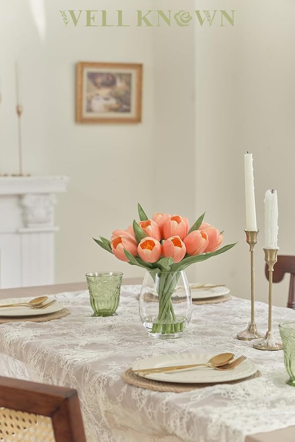 WELL KNOWN 12 Pcs Fake Tulips Artificial Flowers in Vase with Faux Water, Peach Pink Foam Tulips Arrangements with Vase for Home Office Wedding Dining Table Centerpiece Party Decor & Birthday Gift
