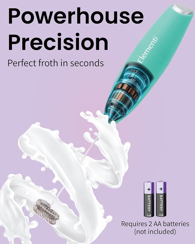 Elementi Milk Frother Wand - Easy to Use Handheld Electric Stirrer for Powder Drinks, Durable & Powerful Coffee Whisk & Protein Powder Mixer Wand, Hand Frother, Coffee Stirrers Electric (Mint Green)
