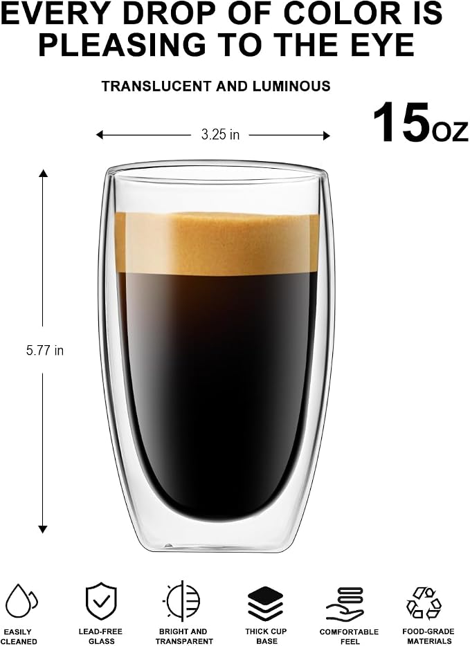 LUXU 16 Oz Double Walled Glasses Coffee Mugs,4-Pack Premium Coffee Cups,Double Wall Insulated Glass Coffee Cups,Clear Borosilicate Glass Mugs,Perfect for Cappuccino,Espresso,Hot Beverage and Beverage.