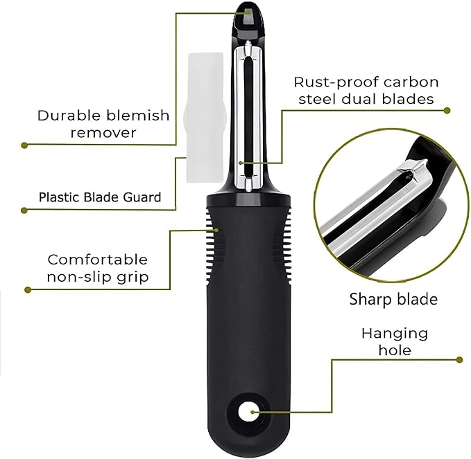 Swivel Vegetable Peeler with Non-Slip Ergonomic Handle,Rust-Proof Steel Blades,Built-in Potato Eye Remover,Plastic Blade Guard,Kitchen Peeler for Potato Carrot Apple Veggie Fruit (Black)