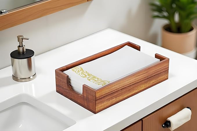 Napkin Holder for Bathroom, Acacia Guest Towel Holder, 4 Non Slip Pads, Disposable Hand Towel Tray for Bathroom, Wooden Paper Towel Dinner Napkin Holder for Table Party Bar Kitchen Accessories