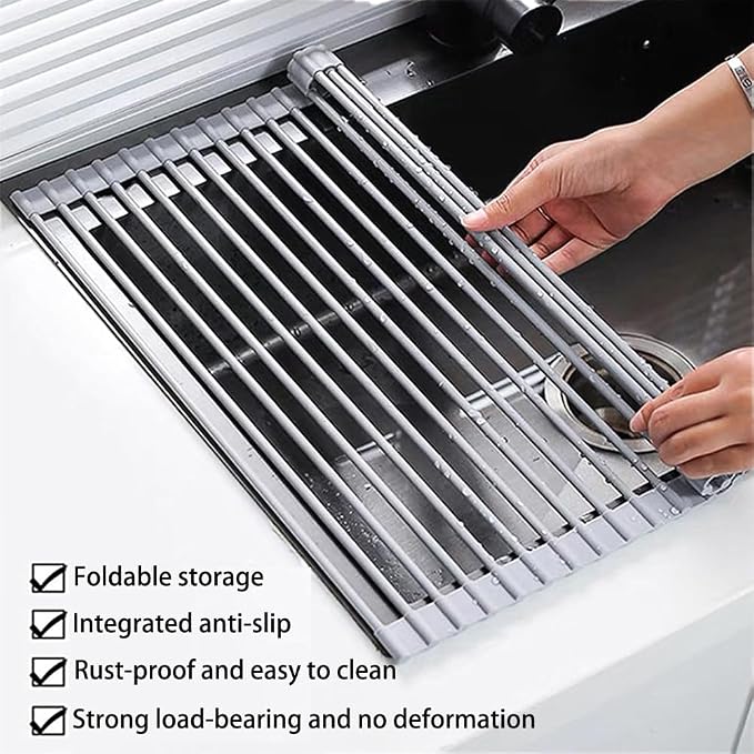 JAYWAYNE Roll Up Dish Drying Rack -17.5" x 14" – Large Stainless Steel Dish Drainer Over The Sink for Kitchen Countertop – Multifunctional Storage Rack,Suitable for Kitchen, Outdoor Picnic