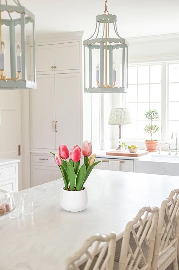 Hollyone Pink Tulips Artificial Flowers in Vase Fake Tulips Silk Flowers Arrangements Faux Tulip Bulbs with Ceramic Pot Tulip Potted Plants Floral Bouquet for Home Decor Table Centerpiece Decorations