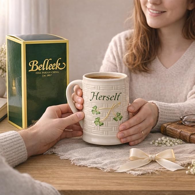 Belleek Classic Herself 12 oz Irish Coffee Mug, Handcrafted Microwave Safe Parian China Cup, Shamrock Decor, White
