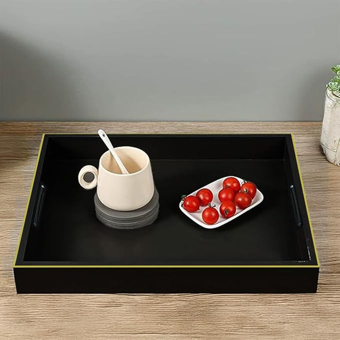 Handcrafted Wooden Serving Tray | Tray with Handle for Snacks, Tea, Kitchen, Coffee Table, Dining | High Gloss Finish with Gold Trim |12.25 x 7.75 x 1.5 inches (Charcoal Black)