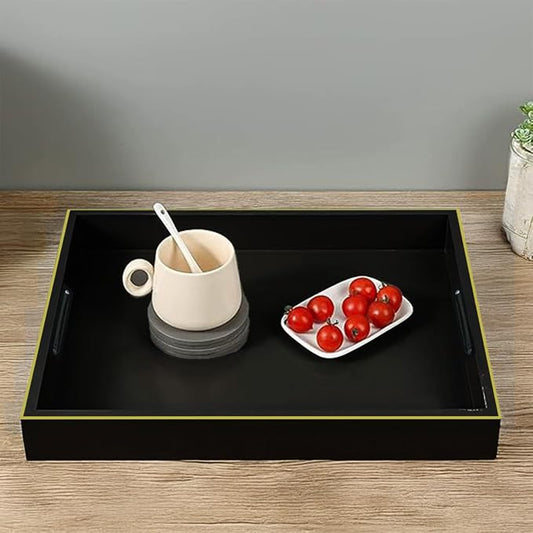 Handcrafted Wooden Serving Tray | Tray with Handle for Snacks, Tea, Kitchen, Coffee Table, Dining | High Gloss Finish with Gold Trim |12.25 x 7.75 x 1.5 inches (Charcoal Black)