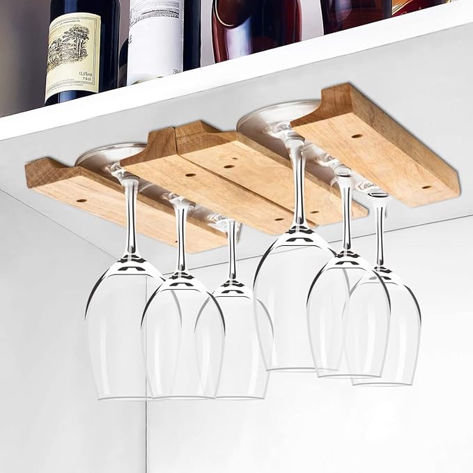Woody Wine Glass Holder Rack 11 Inch Woody Hanging Wine Glass Holder Mounted Under-Cabinet Stemware Storage Rack with 8 Mounting Screws No Drilliing(4 rows 2 rows)