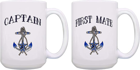 ThisWear Captain First Mate Couples Nautical Decor Sailing Boat 2 Pack 15oz Coffee Mugs 15oz Mugs White