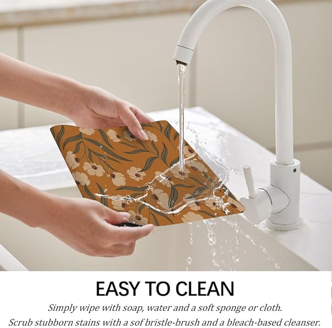 Boho Wildflowers Placemats Set of 6 Rustic Nature Plant Washable Heat Resistant Place Mats for Dining Table Vintage Nature Cottagecore Linen Woven Wipeable Kitchen Table Mats Orange