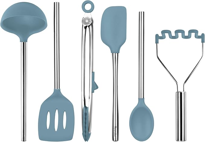 Tovolo Silicone Cooking Utensil Set of 6 Blue Slate Ladle Slotted Turner Tongs Flex Core Spatula Scraper Mixing Spoon and Potato Masher, Dishwasher Safe BPA Free Silicone Kitchen Utensils
