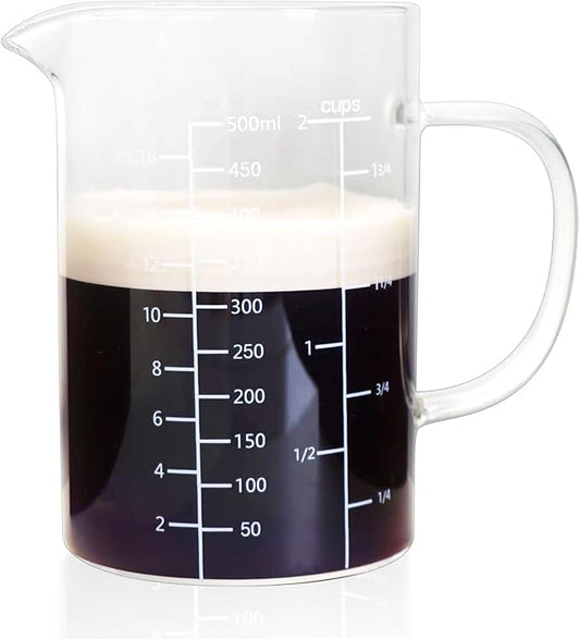 Glass Measuring Cup with Handle, 500 ML High Borosilicate Glass Three Scales (OZ, Cup, ML/CC) easuring Beaker for Kitchen or Restaurant, V-Shaped Spout Glass Measuring Beaker, Easy To Read