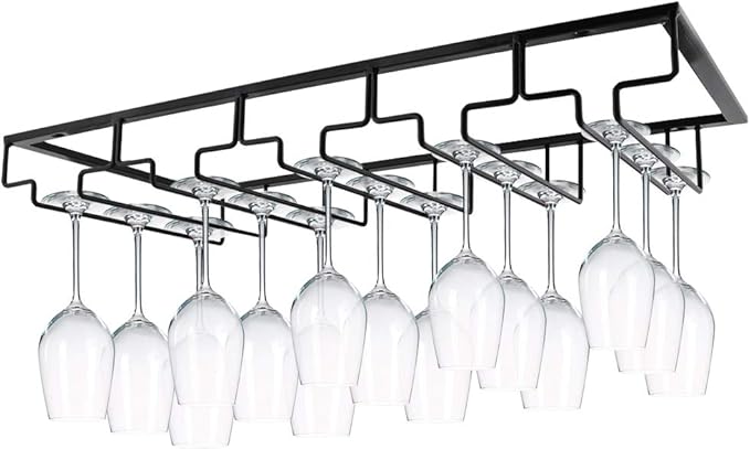 MOCOUM Wine Glasses Rack Under Cabinet Stemware Rack, Glass Hanger Rack Wire Glass Holder Storage Hanger for Cabinet Kitchen Bar (Black, 5 Rows 1 Pack)