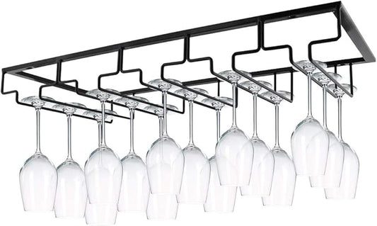 MOCOUM Wine Glasses Rack Under Cabinet Stemware Rack, Glass Hanger Rack Wire Glass Holder Storage Hanger for Cabinet Kitchen Bar (Black, 5 Rows 1 Pack)