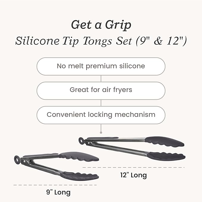 Starpack Get a Grip Silicone Kitchen Tongs (2-Pack, 9" + 12") - LFGB Non Toxic, 600°F Heat Resistant, BPA-Free - Heavy-Duty Stainless Steel, Locking - Dishwasher Safe for Nonstick Cookware Gray Black