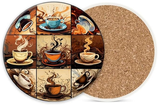 Ceramic Stone Cork Drink Coasters Set of 1, Coffee Cups Round Absorbent Non-Slip Durable Genuine Cork Stuffers Coasters for Coffee Bar Kitchen Office (4 * 4 Inch)