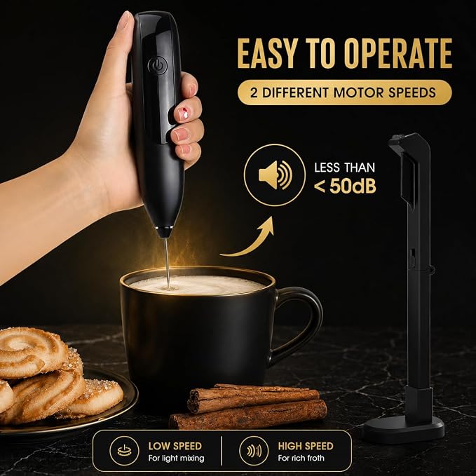 GOCHA Rechargeable Milk Frother, USB-C Electric Milk Foamer Handheld, Double Spring Whisk, 2-Speed Foam Maker for Coffee, Latte, Cappuccino, Matcha, Hot Chocolate, Stand Included (Black)