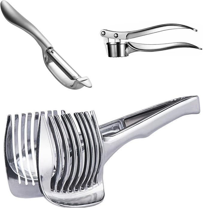 3-in-1 Garlic Press, Lemon Slicer & Peeler Set - Rustproof Stainless Steel, Easy-Clean with Soft, Ergonomic Handle