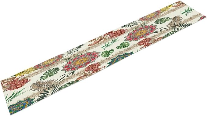 Boho Floral Table Runner, Vintage Rustic Abstract Geometric Natural 70s Watercolour Indian Mandala Botanical Flower Leaves Table Decor Table Top Dining Kitchen Wedding Party 13x108 in