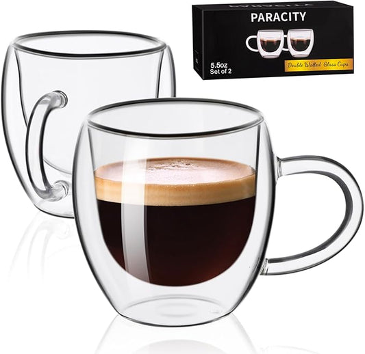 PARACITY Espresso Cups Set Of 2, Double Wall Insulated Glass Coffee Mugs 5.5 OZ, Cappuccino Cups with Handle, Clear Glass Coffee Cups Travel Camping for Cappuccino/Latte/Tea/Shots … (5.5OZ)
