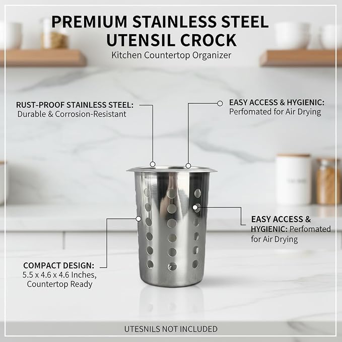 Stainless Steel Utensil Crock for Kitchen Countertop, Rust-Resistant Cutlery Holder for Spatulas and Spoons, Easy to Clean Storage Container