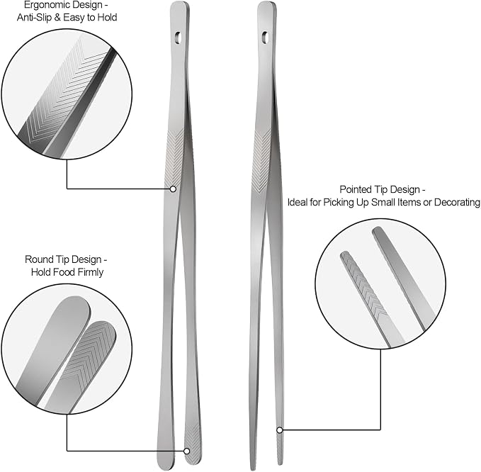 Vaincre 4PCS Kitchen Tongs Tweezers for Cooking, 12" Metal Kitchen Utensils, Stainless Steel Fine Cooking Tweezers Tongs with Precision Serrated Tips for Chef, Culinary, Serving Food, Pasta