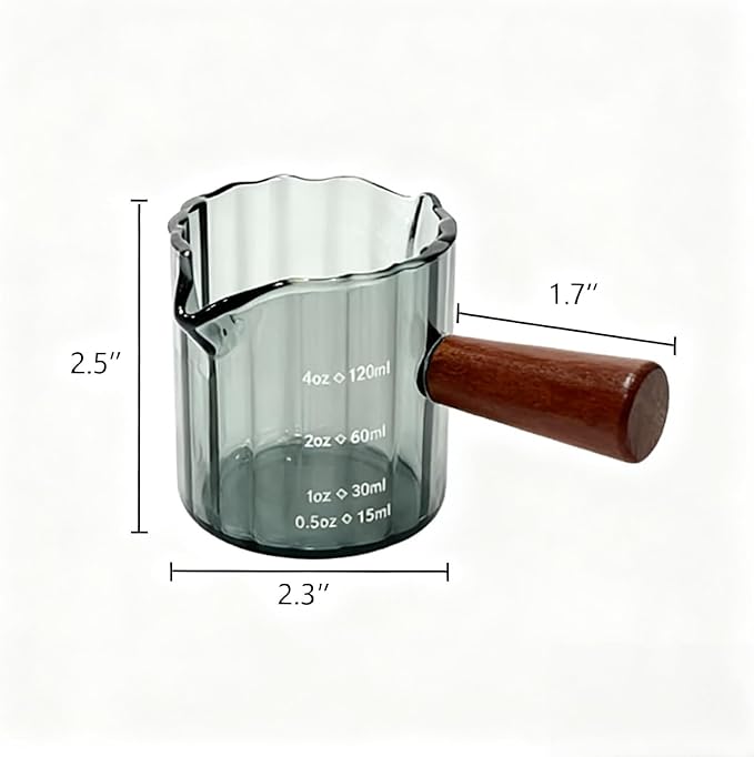 Glass Espresso Shot Measuring Cup Set, Gray, Double Spout Design with Wood Handle, 4 oz Capacity, 2 Pack, Coffee Bar Accessories (Gray)