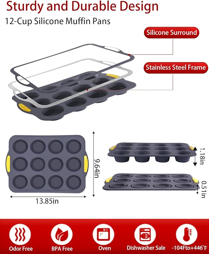 12-Cups Foldable Silicone Muffin Pan with Metal Reinforced Frame - Non-Stick Heat-Resistant Baking Mold for Muffins, Cupcakes, Mini Treats - Easy Storage Silicone Baking Pan, 7-Piece Baking Set