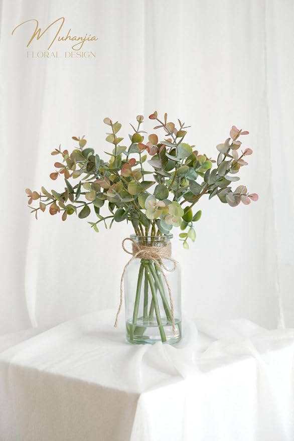 Muhanjia Artificial Eucalyptus Stems in Glass Vase with Faux Water,6Pcs Grey-Orange Fake Plant for Centerpiece (Grey-Orange Eucalyptus)