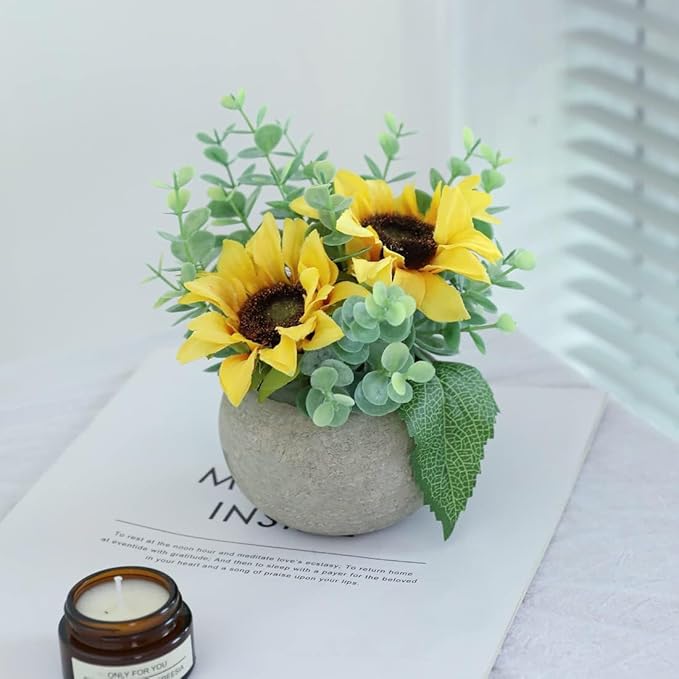 Rose in Pot Decor Potted Artificial Flowers Mini Plants Faux Flowers Indoor Small Decor Fake Roses for Home, Bathroom, Kitchen, Offices, Wedding Party Centerpieces (2pcs Yellow)