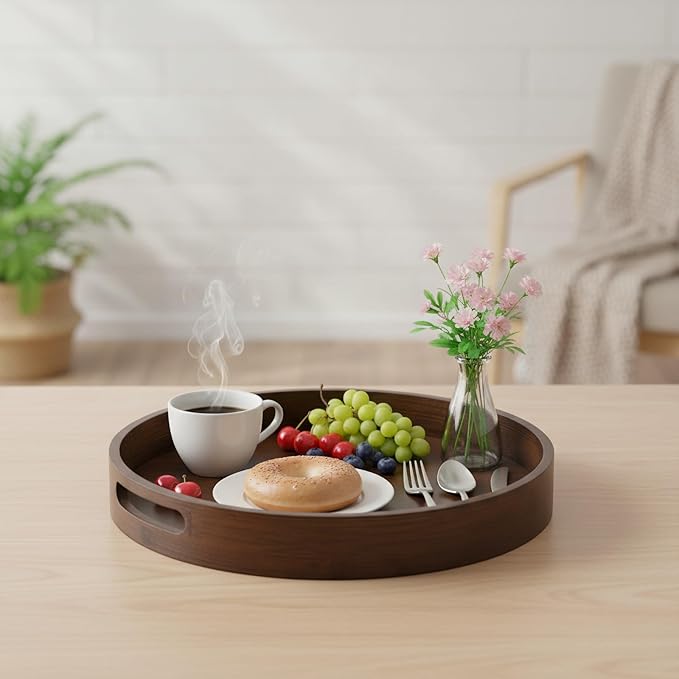 Round Trays Home Decor, 11.8" Large Round Wood Tray for Ottoman Coffee Table Trays, Wooden Kitchen Serving Decorative Trays for Home Office Counter Serveware Organizer, Walnut
