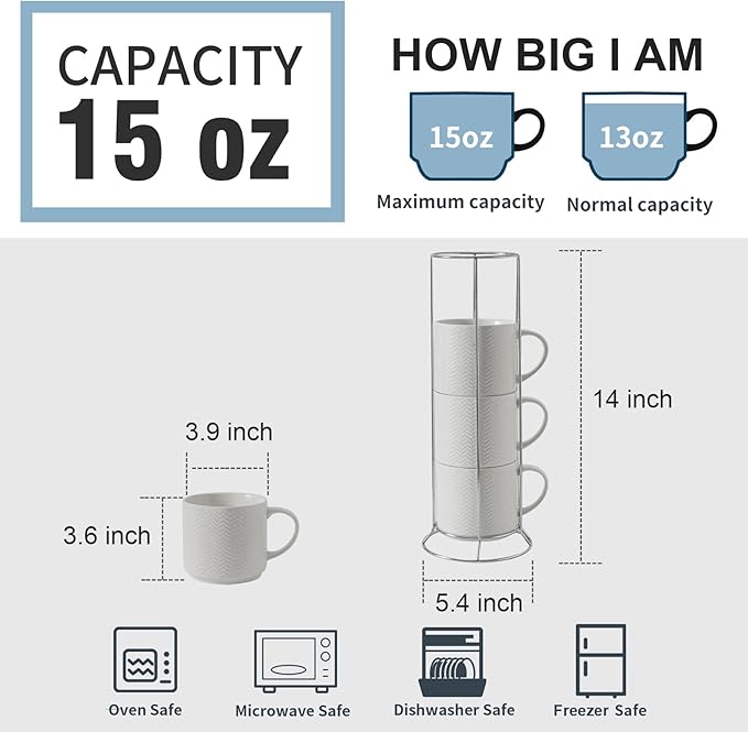 Hasense Coffee Mugs Set of 4 with Stand, 15 oz Porcelain Stackable Coffee Cups Set with handle for Tea, Latte, Milk and Cappuccino, White Embossed Tea Cups Set with Geometric Pattern for Men and Women