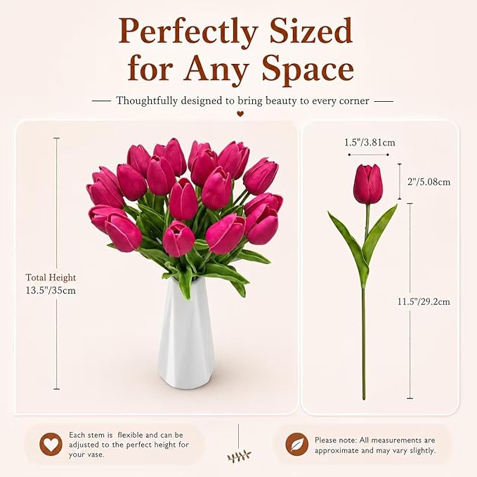 Mandy's Hot Pink Artificial Tulips Flowers Centerpiece, 13.5" Lifelike PU Fake Floral Stems 20pcs for Kitchen Island & Dining Table, Spring Decor for Easter