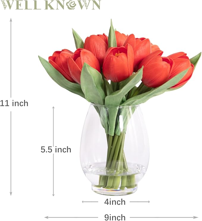 WELL KNOWN 12 Pcs Fake Red Tulips Artificial Flowers in Vase with Faux Water, Real Touch Foam Tulips Arrangements with Vase for Home Office Decor, Dining Table Wedding Centerpiece (Coral Red)