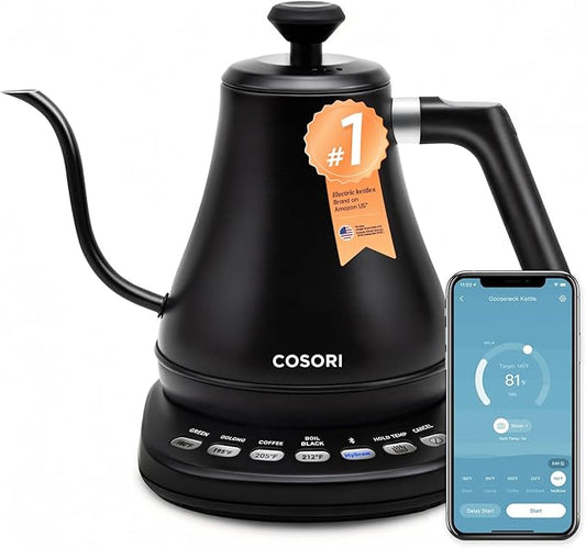 Cosori Electric Gooseneck Kettle Smart Bluetooth with Variable Temperature Control, Pour Over Coffee & Tea, 100% Stainless Steel Inner Lid & Bottom, Quick Heating, Matte Black