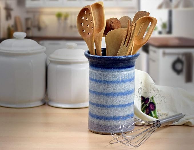 American Made Stoneware Pottery Countertop Utensil Holder Jar in Blue Mist