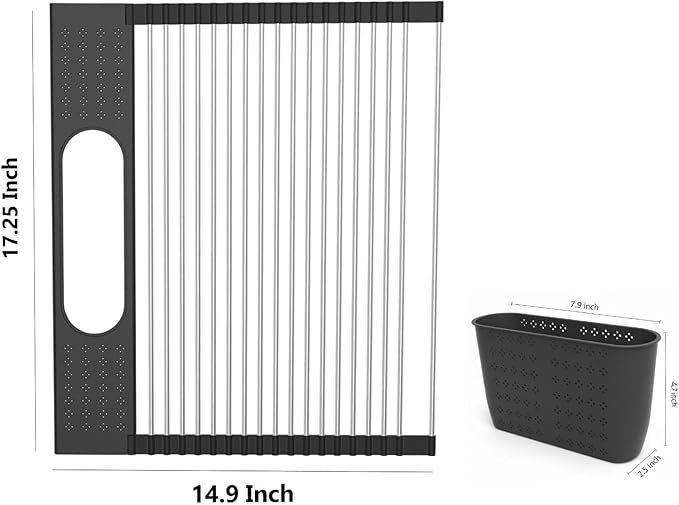 Roll Up Dish Drying Rack Over Sink, 17.5" x 15.2" Foldable SUS304 Stainless Steel Kitchen Dish Drainer, Heat-Resistant Multipurpose Rolling Sink Rack Organizer,Black