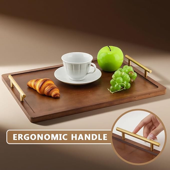 Wooden Serving Tray, 17x12In Wooden Food Drinks Tray with Metal Handles for Coffee Table, Breakfast, Dinner & Bar, Rustic Decorative Ottoman Tray for Kitchen, Parties