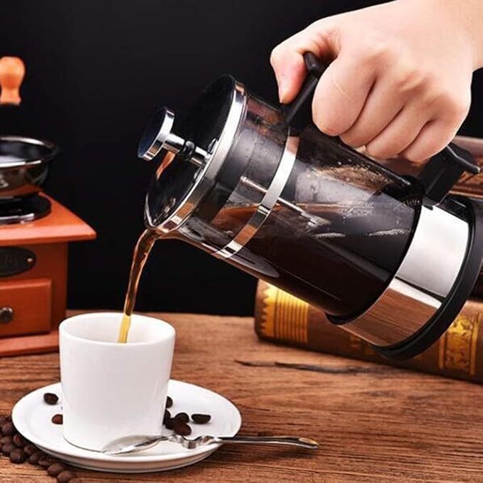 Stainless Steel Glass Coffee Pot, French Press Filter Pot Household Tea Maker No Electricity No Bad Plastic Taste Ideal for Home, Camping & Travel