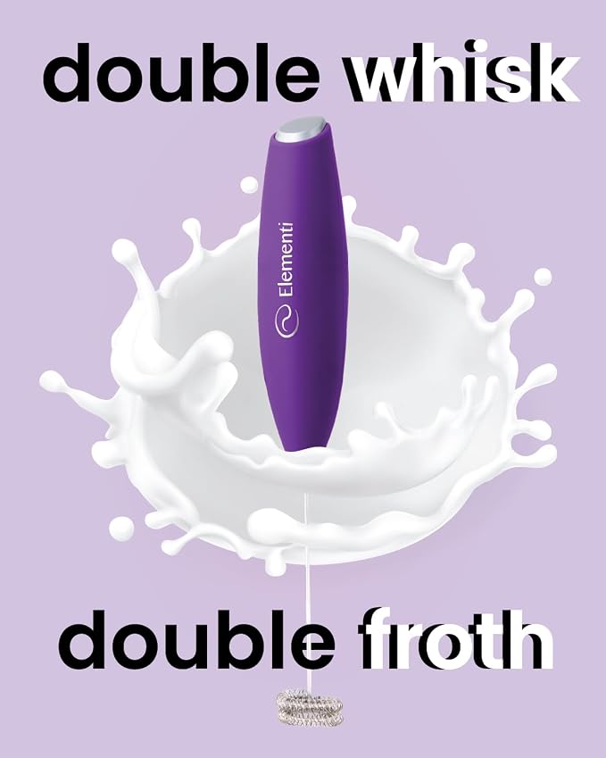 Elementi Milk Frother Wand - Easy to Use Handheld Electric Stirrer for Powder Drinks, Durable & Powerful Coffee Whisk & Protein Powder Mixer Wand, Hand Frother, Coffee Stirrers Electric (Purple)