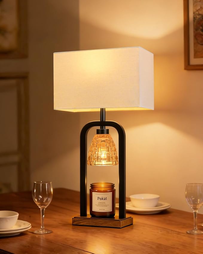 PoKat Electric Candle Warmer Lamp Black, Candle Lamp Warmer with Timer Dimmer & Wood-Like Base, Wax Light Warmer Lamp Jar Candles, Farmhouse Table Lamp for House Warming New Home Decor, Bulb Included